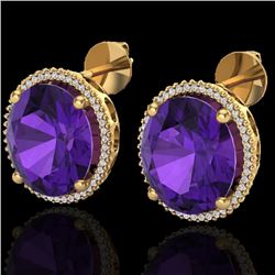 20 CTW Amethyst & Micro VS/SI Diamond Halo Pave Earrings 18K Yellow Gold - REF-123M3H - 20263