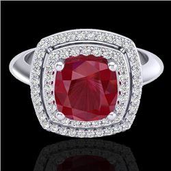 2.52 CTW Ruby & Micro VS/SI Diamond Pave Halo Ring 18K White Gold - REF-77W3F - 20766