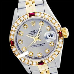 Rolex Ladies Two Tone 14K Gold/SS, Diam Dial & Diam/Ruby Bezel, Sapphire Crystal - REF-434W4H
