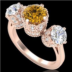 3.06 CTW Intense Fancy Yellow Diamond Art Deco 3 Stone Ring 18K Rose Gold - REF-390T9M - 37393