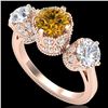 3.06 CTW Intense Fancy Yellow Diamond Art Deco 3 Stone Ring 18K Rose Gold - REF-390T9M - 37393