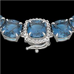 87 CTW London Blue Topaz & VS/SI Diamond Halo Micro Necklace 14K White Gold - REF-317W6F - 23367