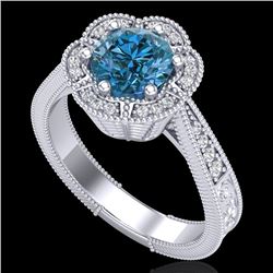 1.33 CTW Fancy Intense Blue Diamond Solitaire Art Deco Ring 18K White Gold - REF-227H3A - 37957