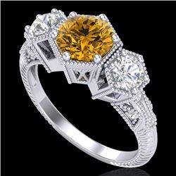 1.66 CTW Intense Fancy Yellow Diamond Art Deco 3 Stone Ring 18K White Gold - REF-254K5W - 38057