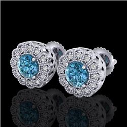 1.32 CTW Fancy Intense Blue Diamond Art Deco Stud Earrings 18K White Gold - REF-218A2X - 37838