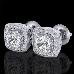 1.25 CTW Cushion Cut VS/SI Diamond Art Deco Stud Earrings 18K White Gold - REF-218W2F - 37034