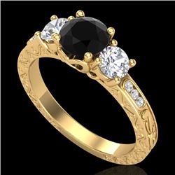 1.41 CTW Fancy Black Diamond Solitaire Art Deco 3 Stone Ring 18K Yellow Gold - REF-138T2M - 37760