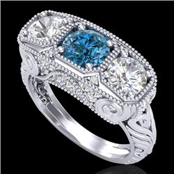 2.51 CTW Intense Blue Diamond Solitaire Art Deco 3 Stone Ring 18K White Gold - REF-345Y5K - 37719