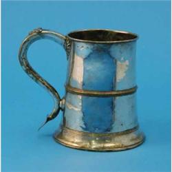 An Old Sheffield plate tankard, with scroll handle, banded decoration and splayed base, lacking l...