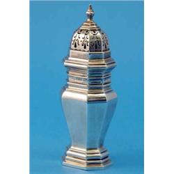 A George V octagonal silver caster, maker Edward Barnard & Sons, London 1916, 8ins 8oz...