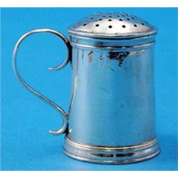 A George II Irish silver kitchen pepper, with banded rim and base with scroll handle, Dublin, 172...
