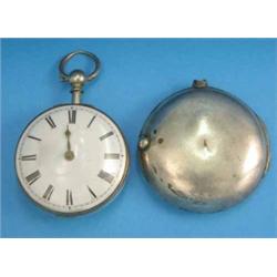A George III silver pair case pocket watch with enamelled Roman dial and verge movement signed Th...