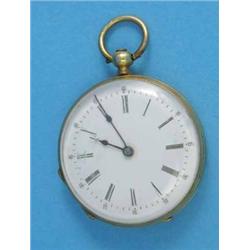 An 18k gold Swiss cylinder fob watch with engraved case and enamelled dial....