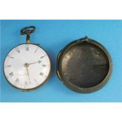 A George III gold plated pair case pocket watch with enamelled Roman dial and verge movement sign...