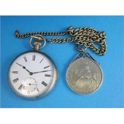 A Swiss base metal quarter repeating keyless pocket watch, with enamelled dial and subsidiary sec...