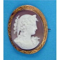 A Victorian shell cameo brooch, carved with a classical female profile, in an engraved gold frame...