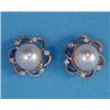 Image 1 : A pair of gold earstuds, each with a central cultured pearl in an openwork border set small diamo...