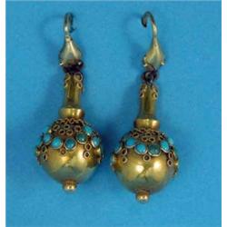 A pair of Victorian gold drop earrings, of spherical shape with wirework decoration set turquoise...