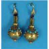 Image 1 : A pair of Victorian gold drop earrings, of spherical shape with wirework decoration set turquoise...