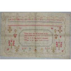A William IV petit point sampler, worked with verse, alphabet, numerals, pattern bands and motifs...