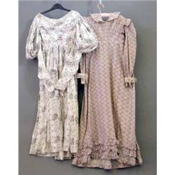 A Regency white lawn gown, printed with purple pansies, having high waist, leg o'mutton sleeves a...