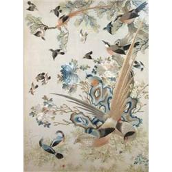 An early 20th century Japanese silkwork panel, worked with exotic birds on flowering boughs, fram...
