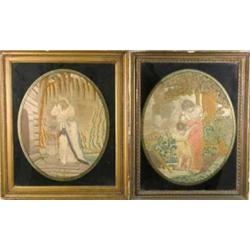 A Georgian oval silkwork and watercolour panel, depicting a mother and child in a river and count...