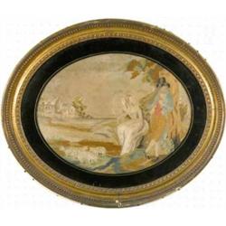 A Georgian oval silkwork and watercolour panel, depicting a shepherd and shepherdess in a country...