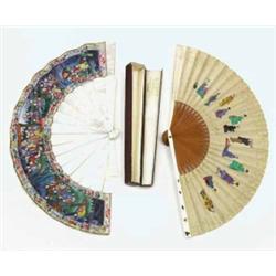 A Cantonese 'thousand faces' fan, having engraved mother of pearl sticks and guards (one guard a....