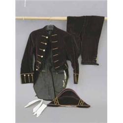 A Victorian cerise velvet page-boys suit, comprising knee breeches, tail coat, bicorne hat and 2...