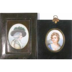 Rodlit watercolour on ivory miniature, Portrait of a lady, 3.5 x 3 ins. and another similar minia...