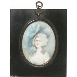 After Gainsborough watercolour on ivory miniature, Portrait of a lady wearing a plumed hat, Oval,...