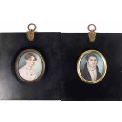 19th C. English School pair of watercolour on ivory miniatures, Portraits of a lady and gentleman...