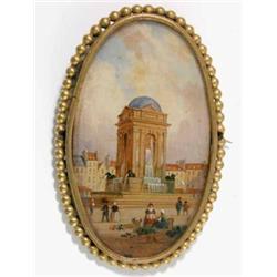 Continental School oil miniature, Fountain in a city square, Oval, 2.75 x 1.5 ins....