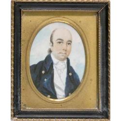 19th C. English School watercolour on ivory miniature, Portrait of a gentleman, Oval, 2.75 x 2 in...