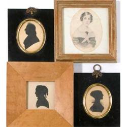 Victorian School pair of painted silhouettes, Portraits of a lady and gentleman, 3.25 x 2.5 ins....