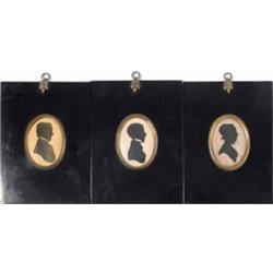 Victorian School three cut paper silhouettes, Profile portraits, Ovals, 3 x 2.25 ins....