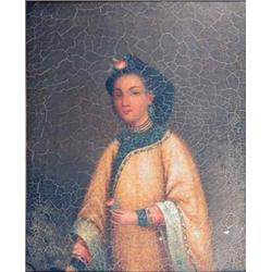 Circle of George Chinnery (1774-1852) oil on canvas, Portrait of a Chinese woman with yellow robe...