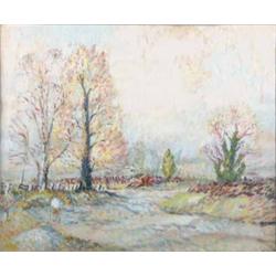 Rowland Suddaby (1912-1973) oil on paper, Landscape with figures and trees, signed, 19 x 23 ins....