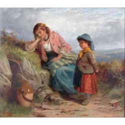 R Kemp (19th C.) oil on board, Mother and child beside a spring, signed, 14 x 16 ins....