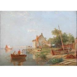 William Dommersen (1850-1927) pair of oils on canvas, 'On The Amstel' and 'N.Shiedam, Holland', s...