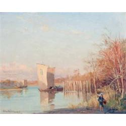 John Varley Jnr (?-1899) oil on wooden panel, Japanese riverscape, signed and dated '91, 10.5 x 1...