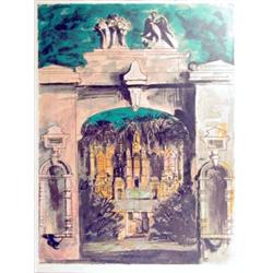 John Piper (1903-1992) colour print, Harlaxton through the gate, signed in pencil, 28 x 21 ins....