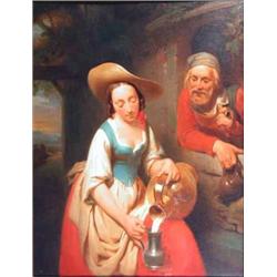 Early 19th C. German School oil on wooden panel, Milkmaid at a doorway, 26 x 20 ins....