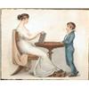 Early 19th C. English School colour stipple engraving, Mother and child at a table, 7.5 x 9.5 ins...