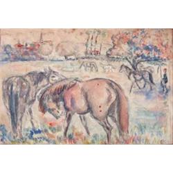 Orovida Pissarro (1893-1968) unframed watercolour, Horses in a field, monogrammed and dated 1909,...