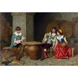 Giuseppe Ballesio (fl. 1880 - 1920) oil on canvas, The Card Players, signed, 16 x 23 ins....