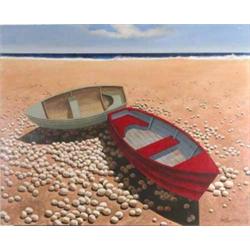 Tristram Hillier (1905-1983) unframed oil on board, Beached fishing boats, signed and dated 1970,...