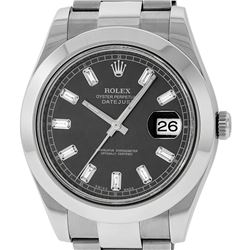 Rolex Mens SS 41MM Dark Rhodium Baguette Diamond Datejust 2 Oyster Band Wristwat