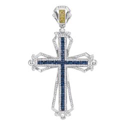 1.56 CTW Mens Blue & Yellow Color Diamond Cross Charm Pendant 10KT White Gold - REF-119W9K